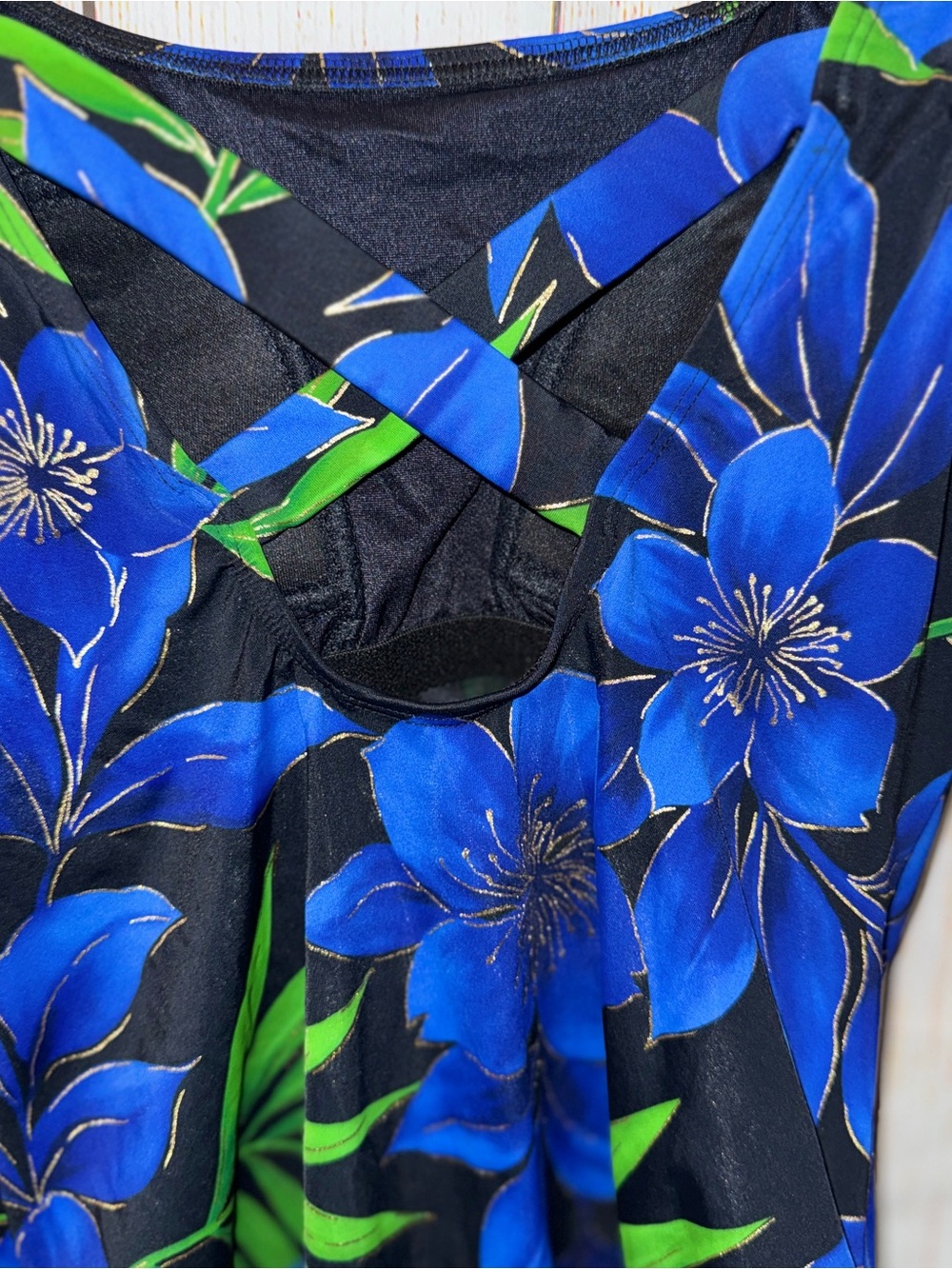 Longitude Long Torso Double X Back One Piece, Black Blue Good Floral, Sz 12 Tall - Picture 5 of 8